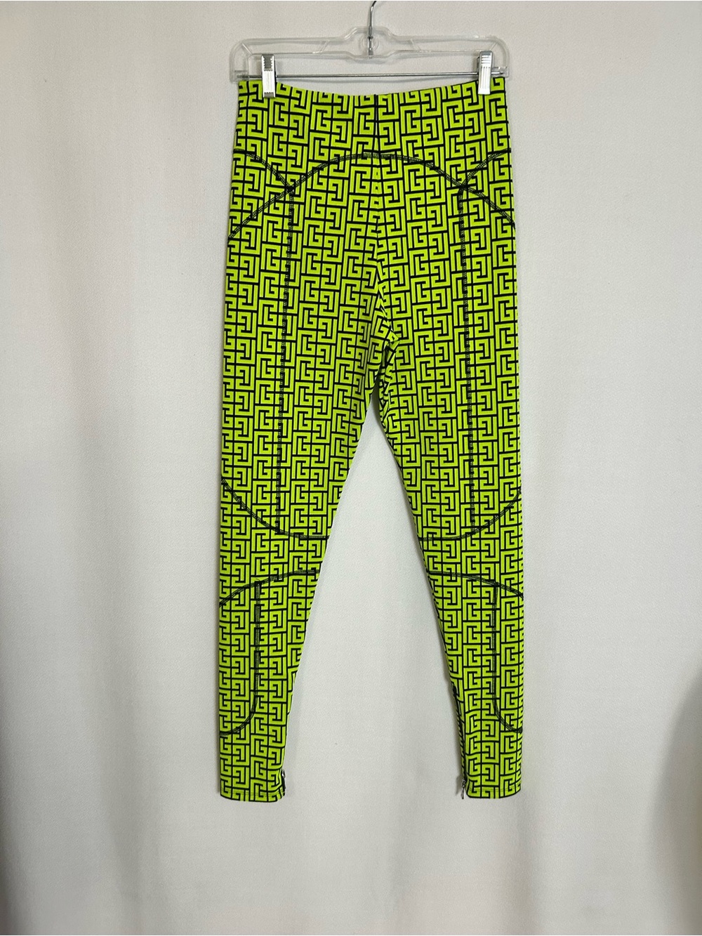 Balmain Neon Yellow Geometric Logo Print leggings size M